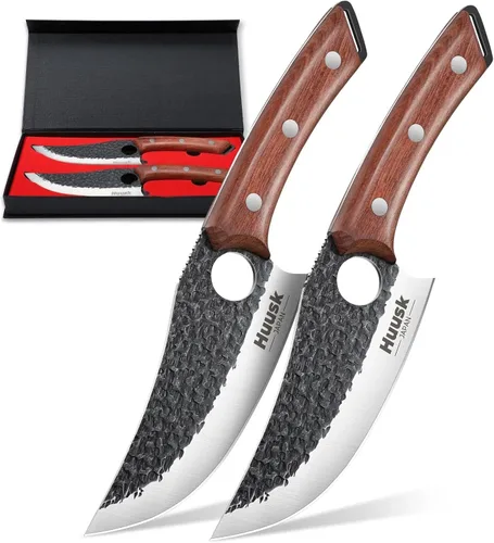 Huusk Juego de 2 cuchillos vikingos japoneses para cortar carne, cuchillos forjados a mano con mango de madera, cuchillos japoneses de acero de alto