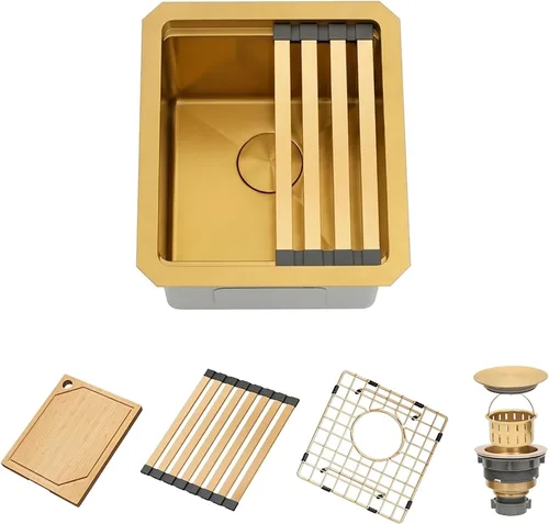 Miniatura 9 de Fregadero de barra dorada de 13 x 15 pulgadas, fregaderos de cocina dorados de acero inoxidable SUS304 de calibre 16 con accesorios, fregadero