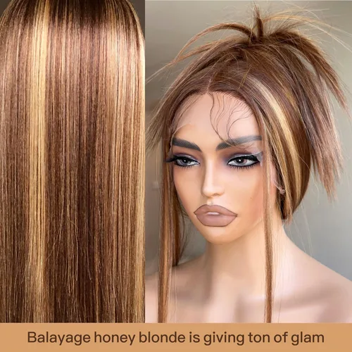 Miniatura 3 de BrownBomb Peluca balayage rubio miel con encaje frontal prearrancada, peluca sintética con encaje frontal, HD sin pegamento 13X5X1 pelucas de encaje