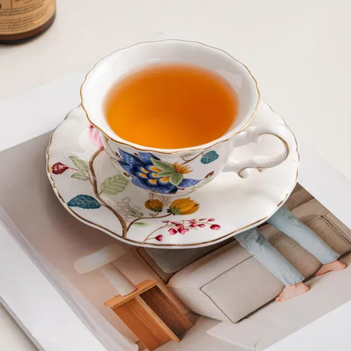 Miniatura 3 de Juego de 4 tazas de té de cerámica, tazas de café y platillos (azul y rojo)