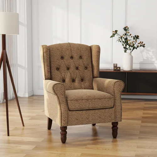 Miniatura 12 de Silla de Acento de Respaldo Alto, Sillón Tapizado en Tela para Sala de Estar, Sillón Wingback con Estampado Floral con Patas de Madera Maciza, Sofá