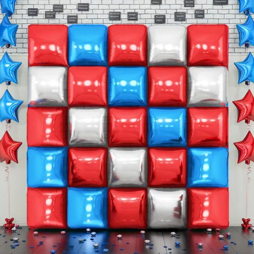 Miniatura 7 de Globos de aluminio cuadrados rojos, azules y plateados, kit de 25 globos de doble cara para fondo, túnel de helio, arco, guirnalda para el 4 de Rojo