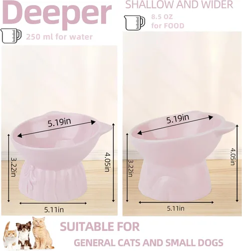 Miniatura 2 de Paquete de 2 cuencos elevados para gatos, platos elevados de cerámica para alimentos y agua para gatos, diseño extra ancho y poco profundo, Rosa