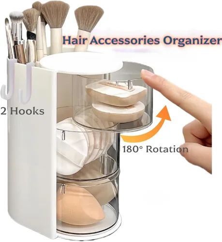 Miniatura 4 de Organizador de accesorios para el cabello con soporte para cepillo de pelo, organizador giratorio de 3 cajones para brochas de maquillaje, pinzas