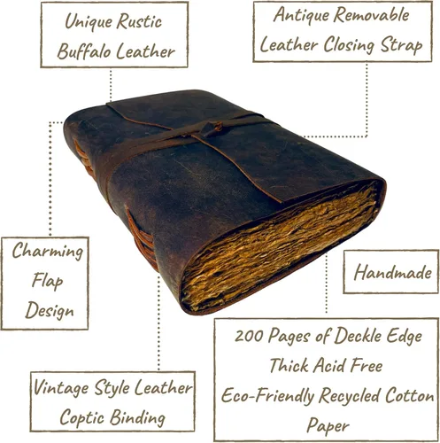 Miniatura 2 de Diario de cuero vintage – 200 páginas de papel rústico con borde irregular – páginas sin líneas, libro de sombras, grimorio, cuaderno de notas