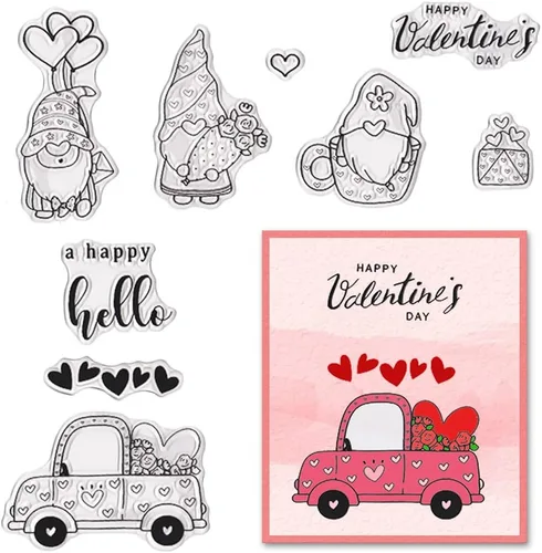 Estivaux Sellos transparentes de gnomos de San Valentín para hacer tarjetas, diario y álbumes de recortes, sellos de goma para camiones de corazón
