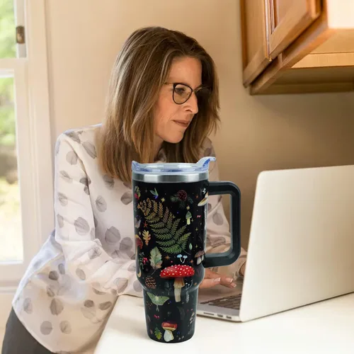 Miniatura 4 de Lindo vaso de 40 onzas con asa y tapa con popote a prueba de fugas, taza de viaje para café con asa aislada para bebidas frías y calientes, regalos