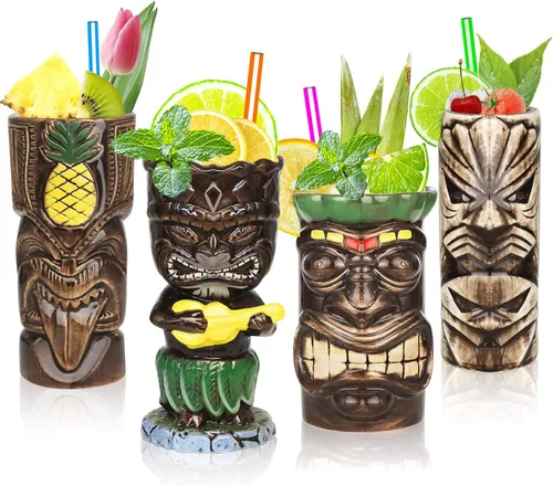 SuproBarware Tiki - Juego de 4 tazas de cerámica hawaiana para fiesta, tazas grandes de fiesta Tiki para cócteles, bebidas tropicales de bar para
