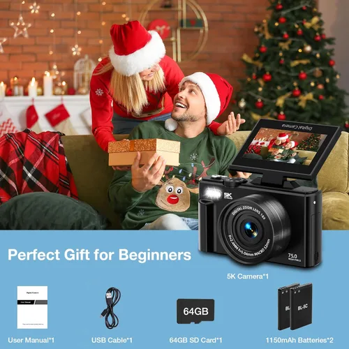 Miniatura 8 de Cámara digital 5K para fotografía, cámara de vlogging WiFi de 75MP para YouTube con pantalla abatible de 180° de 3 pulgadas, cámara de video