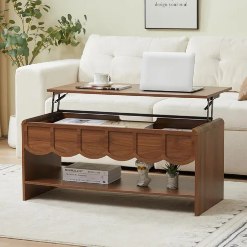 Mesa de centro elevable con compartimento oculto, mesa central de madera de 2 niveles con panel ondulado, moderna mesa elevadora para el hogar, sala