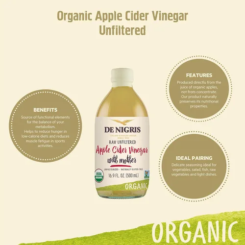 Miniatura 4 de De Nigris Vinagre de Manzana Orgánico Crudo y Sin Filtro 500ml (16,9 Oz) Vinagre de Manzana con Madre, una Fuente de Elementos Funcionales