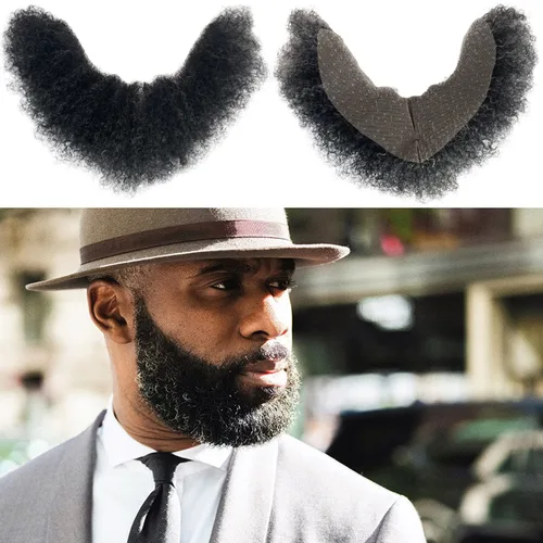 Miniatura 4 de Voloria Cabello humano rizado afro, bigote para hombres negros americanos, base de encaje de maquillaje realista, sistema de reemplazo de 12 x 3