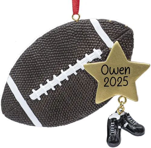 Miniatura 7 de Adorno de Navidad personalizado para niño de fútbol 2025 Jugador masculino en camiseta con casco y bola para árbol de Navidad Recuerdo