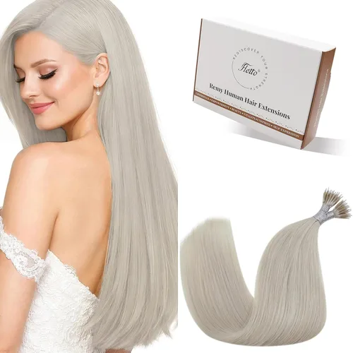 Miniatura 10 de Hetto Extensiones de cabello humano con nano cuentas, balayage, extensiones de cabello humano, color negro degradado a plateado, extensiones