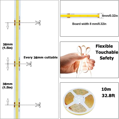 Miniatura 2 de GOMING Tira de luz LED COB de 24 V, blanco natural, 4000 K, 32.8 pies, 3120 LED, CRI 93+ 6300 lm, brillo uniforme, flexible, IP20, no impermeable