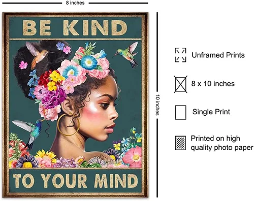 Miniatura 2 de Arte de pared de mujeres afroamericanas negras – Chica negra – Be Kind to Your Mind - Citas inspiradoras - Colibríes Salud mental Póster de arte