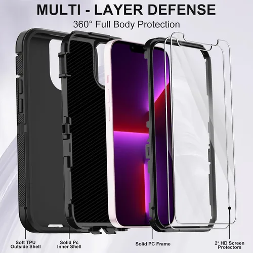 Miniatura 2 de Funda para iPhone 13 Pro Max con 2 protectores de pantalla, protección contra caídas a prueba de golpes, cuerpo completo, resistente, 3 capas, Negro