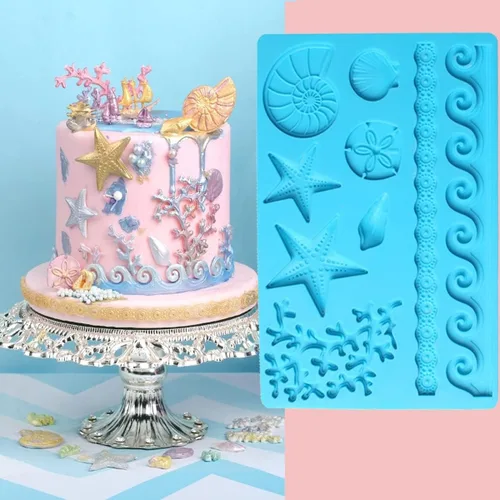 Miniatura 7 de Sea Shell Silicona Fondant Molds Beach Theme Cake Decorating Starfish, Coral, Conch, Sea Wave Designs, Food Grade Platinum Silicone, For