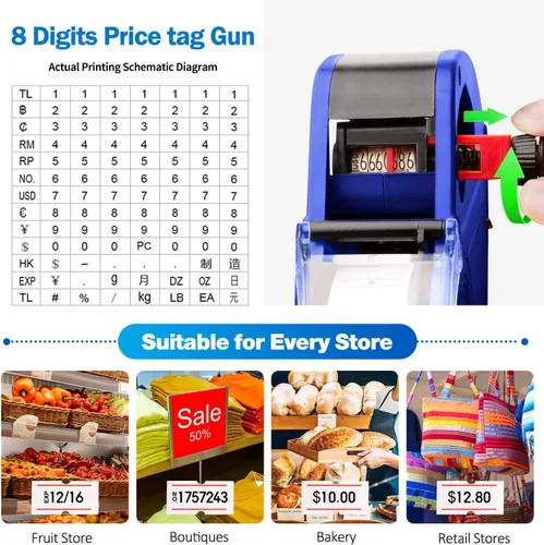 Miniatura 5 de MX5500 Pistola de precio de 8 dígitos, kit de pistola de precios con pistola de precios de recarga de 3 tintas, pistola de etiquetas para Azul