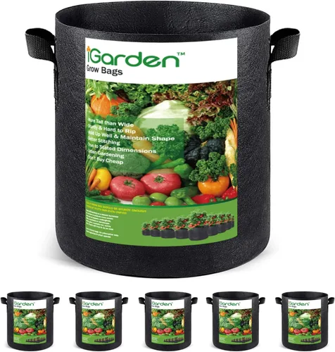 iGarden Bolsas de cultivo altas, macetas de cultivo de 15 galones, paquete de 5 con asas, bolsa de tela no tejida gruesa de 11.29 oz para verduras,
