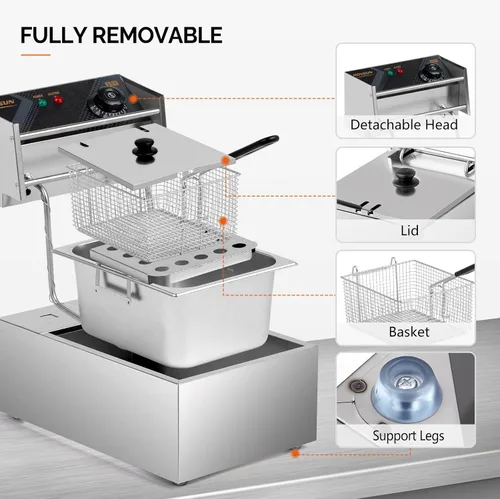 Miniatura 6 de ROVSUN Freidora Profunda Eléctrica Comercial de 11.4QT con Cesta y Tapa, Máquina de Freír de Encimera, Freidora Francesa de Acero Inoxidable