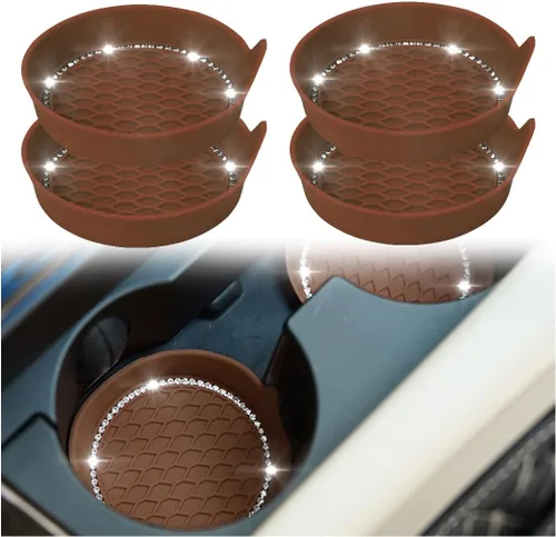 zipelo Portavasos para automóvil con brillantes, paquete de 4, portavasos universal para vehículo, antideslizante, inserto para portavasos, tapete