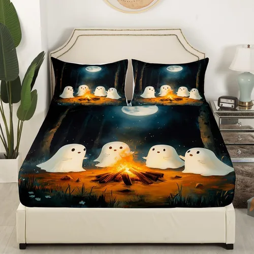 Miniatura 4 de Jejeloiu Lindo juego de sábanas de fantasma, tamaño individual, feliz Halloween con sábana bajera de bolsillo profundo, funda de almohada