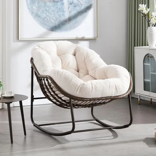 Miniatura 10 de Mecedora para patio al aire libre, cómoda silla mecedora de mimbre con cojín acolchado, silla de ratán de gran tamaño con marco de acero sólido