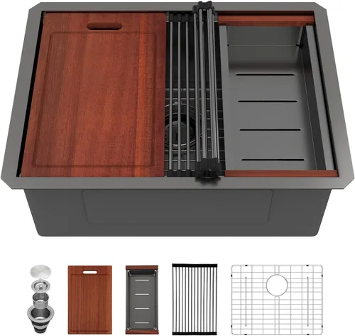 Miniatura 18 de Sarlai 33 Fregadero de Cocina Empotrado - Fregadero de 33 x 19 Pulgadas Bajo Encimera Estación de Trabajo de Profundidad Sencillo Tazón 16 Calibre