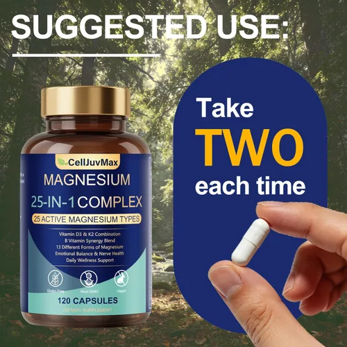 Miniatura 8 de Complejo de magnesio 25 en 1 Mezcla absorbible multiforma para apoyo nutricional diario, 120 cápsulas veganas (1)