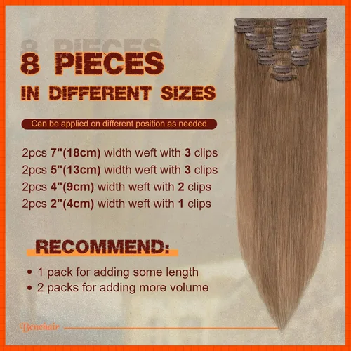 Miniatura 4 de Benehair Extensiones de cabello humano real con clip, 20 pulgadas, largo, lacio, Remy natural, cabeza completa, 8 piezas, 18 clips, extensiones