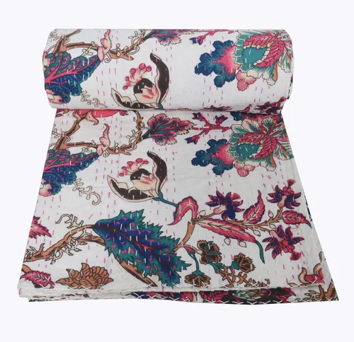 Miniatura 2 de YUVANCRAFTS Edredón Kantha con estampado de pájaros