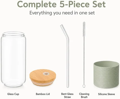 Miniatura 4 de Taza de bambú de vidrio de 16 onzas con tapa y pajita, juego de tazas de café de vidrio de 16 onzas, batido, cerveza, jugo, matcha, vasos estéticos