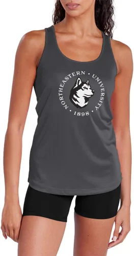 Miniatura 207 de Camiseta deportiva sin mangas oficial de la NCAA Collegiate para mujer, con espalda cruzada, logotipo primario, colección carbón