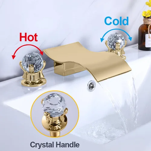 Miniatura 2 de Grifo de lavabo de baño generalizado con perilla de cristal, 3 agujeros, cascada, grifo de baño de 8 pulgadas, grifo mezclador de lavabo de montaje