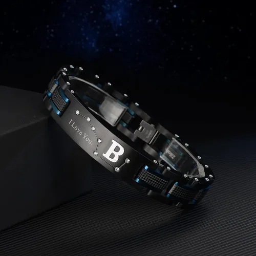 Miniatura 22 de Pulsera de dos tonos de acero inoxidable para hombre, chapado en iones negro y azul, regalo para hombres, marido, padre