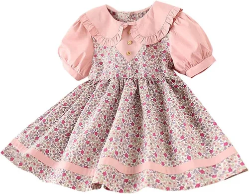 Kids Girls Cute Sweet Collar Floral Dress for 2-7 Years,Casual Flowy Summer Short Puff Sleeve Doll Neck A-line Dress