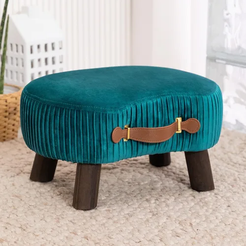 Miniatura 11 de LUE BONA Taburete pequeño curvado con asa, reposapiés de terciopelo beige y otomanos, moderno reposapiés con patas de madera, taburete con asiento