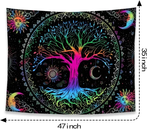 Miniatura 7 de Kanuyee Tapiz de pared de árbol de la vida, mandala, estrella y galaxia, sol y yang, estético negro para decoración de habitación