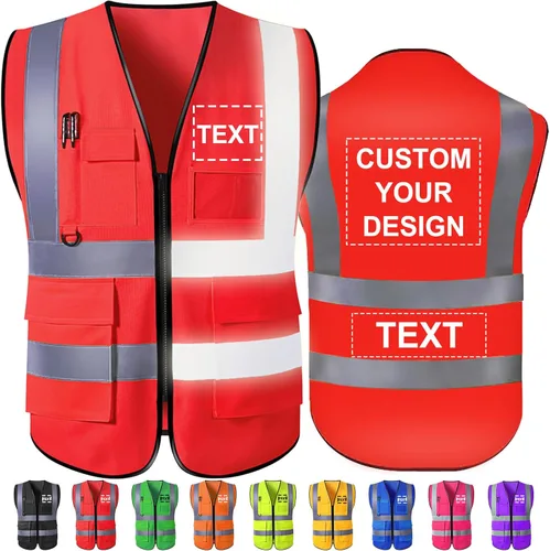 Miniatura 10 de Chaleco de seguridad personalizado Chalecos reflectantes de alta visibilidad con bolsillos con cremallera, logotipo personalizado clase 2 para Azul