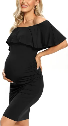 Miniatura 2 de Vestido de maternidad ajustado con volantes y hombros descubiertos, vestido de embarazo formal para baby showerfotografía