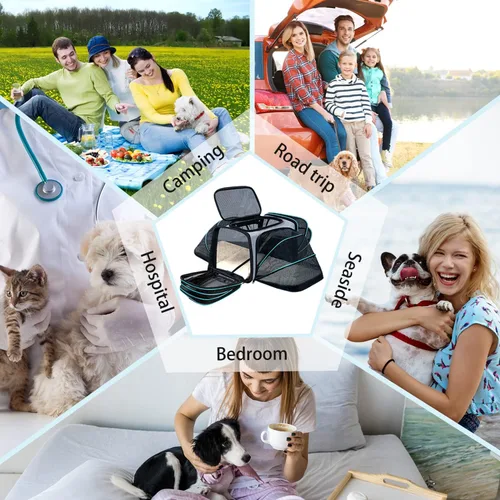 Miniatura 7 de Transportador de mascotas para gatos y perros aprobado por aerolíneas, expandible para mascotas pequeñas - Almohadilla extraíble, bolsillos, cumple