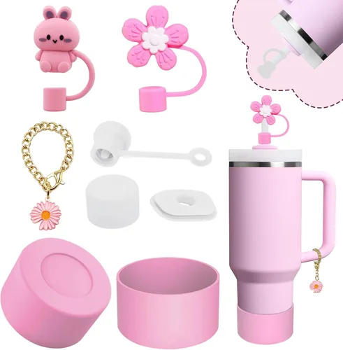 Miniatura 8 de Conjunto de accesorios para taza Stanley, incluye 2 piezas de cubierta de pajita de 0.4 pulgadas, 1 tapón antiderrame de silicona, 1 lindo encanto