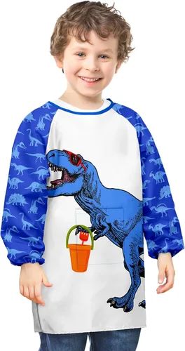 PASHOP Bata de arte para niños, de unicornio, impermeable, para niñas, niños, manga larga, hasta la rodilla, con bolsillo (dinosaurio azul, 3-7 años)