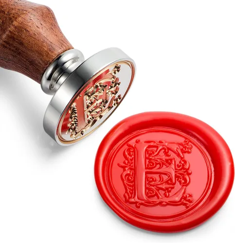 Miniatura 10 de Sello de cera Mceal, sello grande 1 1/5"(30mm) de diámetro, cabeza de latón plateado con mango de madera, serie de letras A a Z de estilo regio