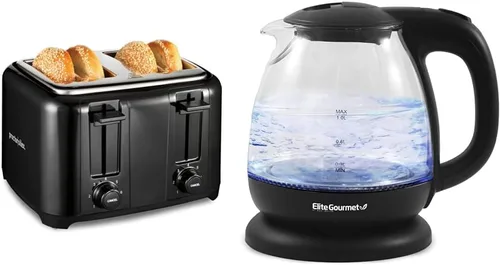 Proctor Silex Tostadora de 4 rebanadas con ranuras extra anchas, color negro (24215PS) y Elite Gourmet EKT1001 hervidor eléctrico de vidrio sin BPA,