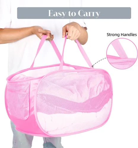 Miniatura 6 de Cestas plegables duraderas para la lavandería, cesta de malla con bolsillo lateral, cesta de almacenamiento de ropa plegable con asas de transporte