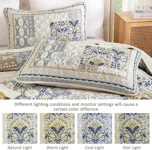 Miniatura 5 de WONGS BEDDING Juego de edredón bohemio tamaño matrimonial, juego de colcha de retazos beige de 3 piezas, juego de ropa de cama de microfibra suave