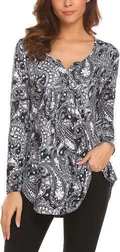 Miniatura 2 de Blusa de manga larga con estampado floral Henley cuello en V, plisada, casual, acampanada, para mujer