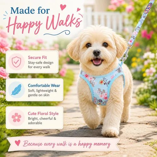 Miniatura 5 de Arnés para perro con correa, arnés reflectante para todo clima, sin tirones, con patrón floral, acolchado, malla para gatos, cachorros, perros
